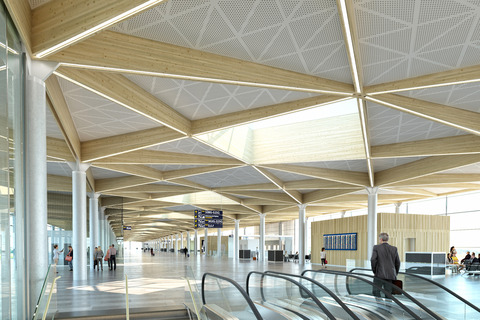 Passasjerarealet i Pier G på Stockholm Arlanda, under et takverk i tre