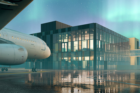 Keflavik lufthavn, sørterminalen sett fra flysiden om kvelden