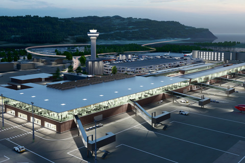Trondheim lufthavn Værnes sett fra luften med den utvidede terminalen