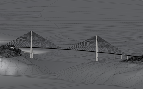 Wireframe-modell av skråstagsbroens to spenn over holmene