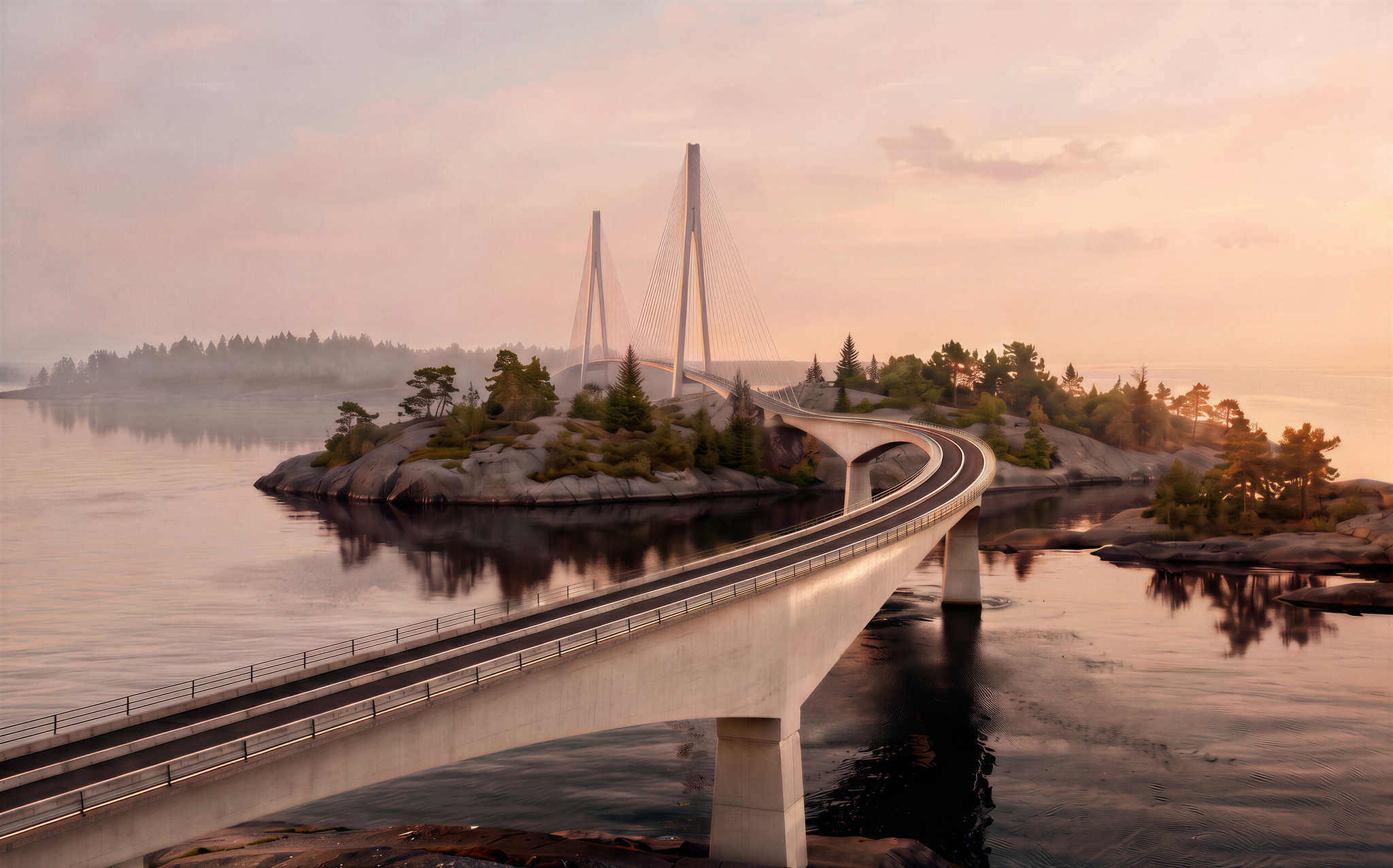 Fritt Fram, brodekket i sving over en holme mot skråstagsbroens tårn, kveldslys